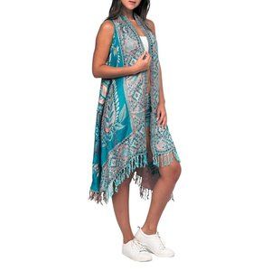 RAJ Imports Boho Embroidered Long Vest Dk Turquoise Vest Fringe 1 Size Layla